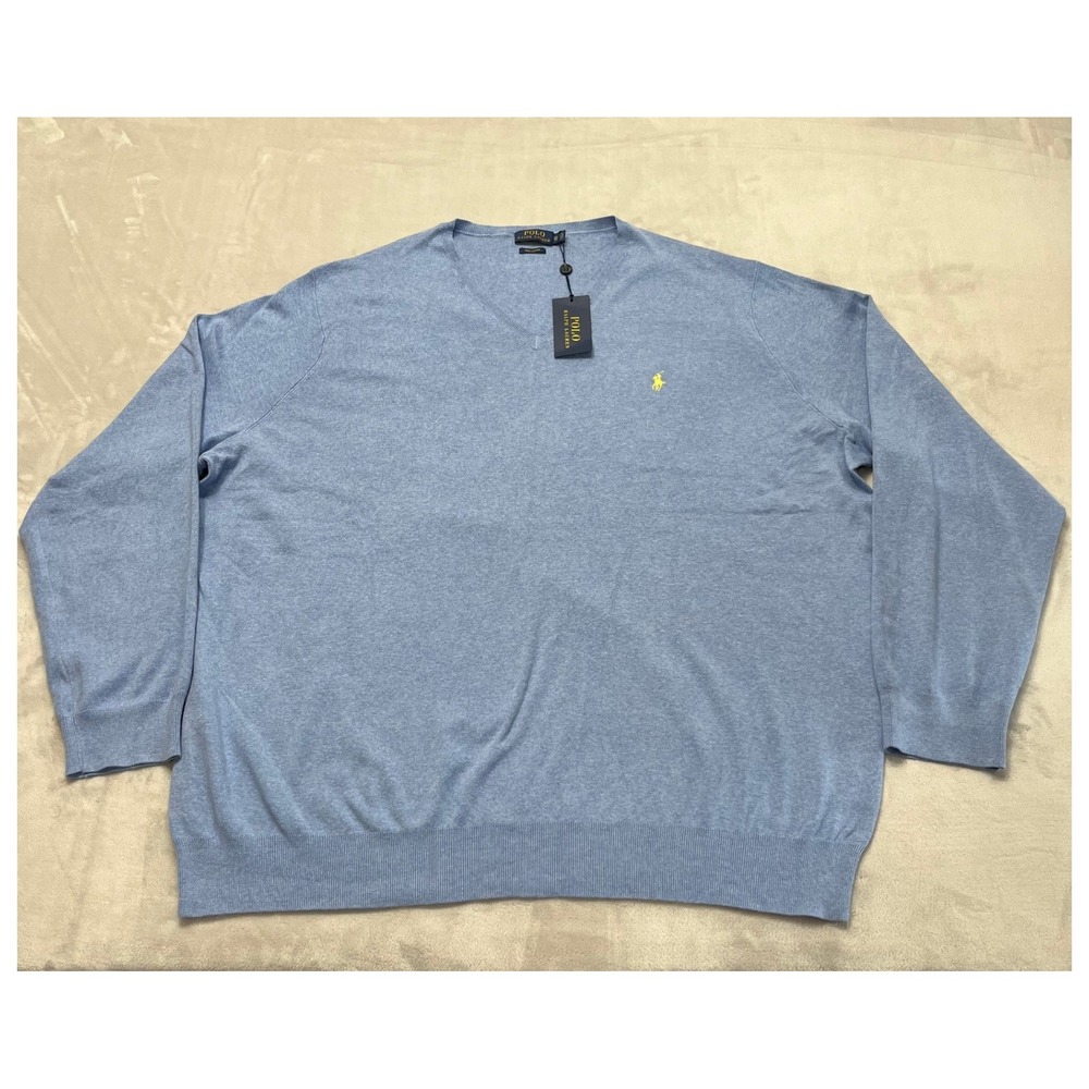 Polo Ralph Lauren Sweater Mens 4XLT Blue Pima Cotton V-Neck Pullover NWT